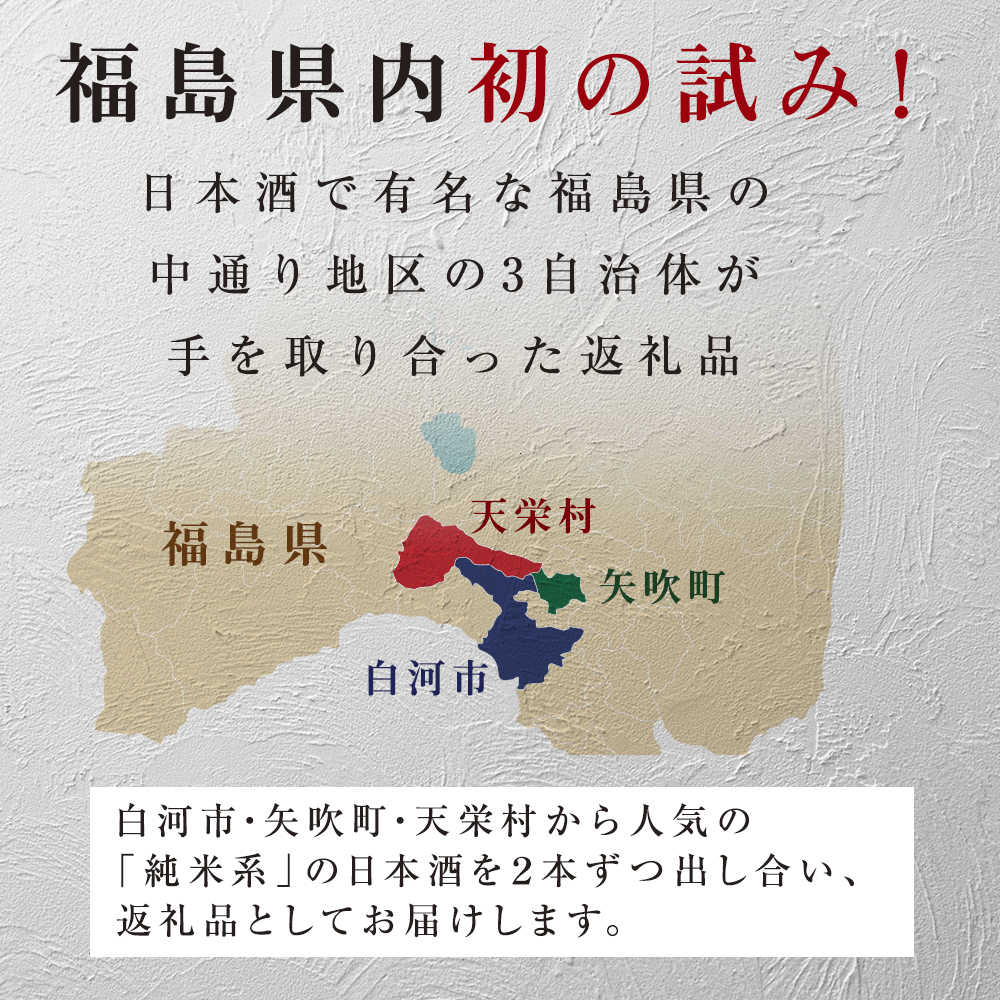 【定期便】ふくしまの日本酒 3市町村の純米酒 3ヶ月連続お届け (白河市・矢吹町・天栄村) F25R-032