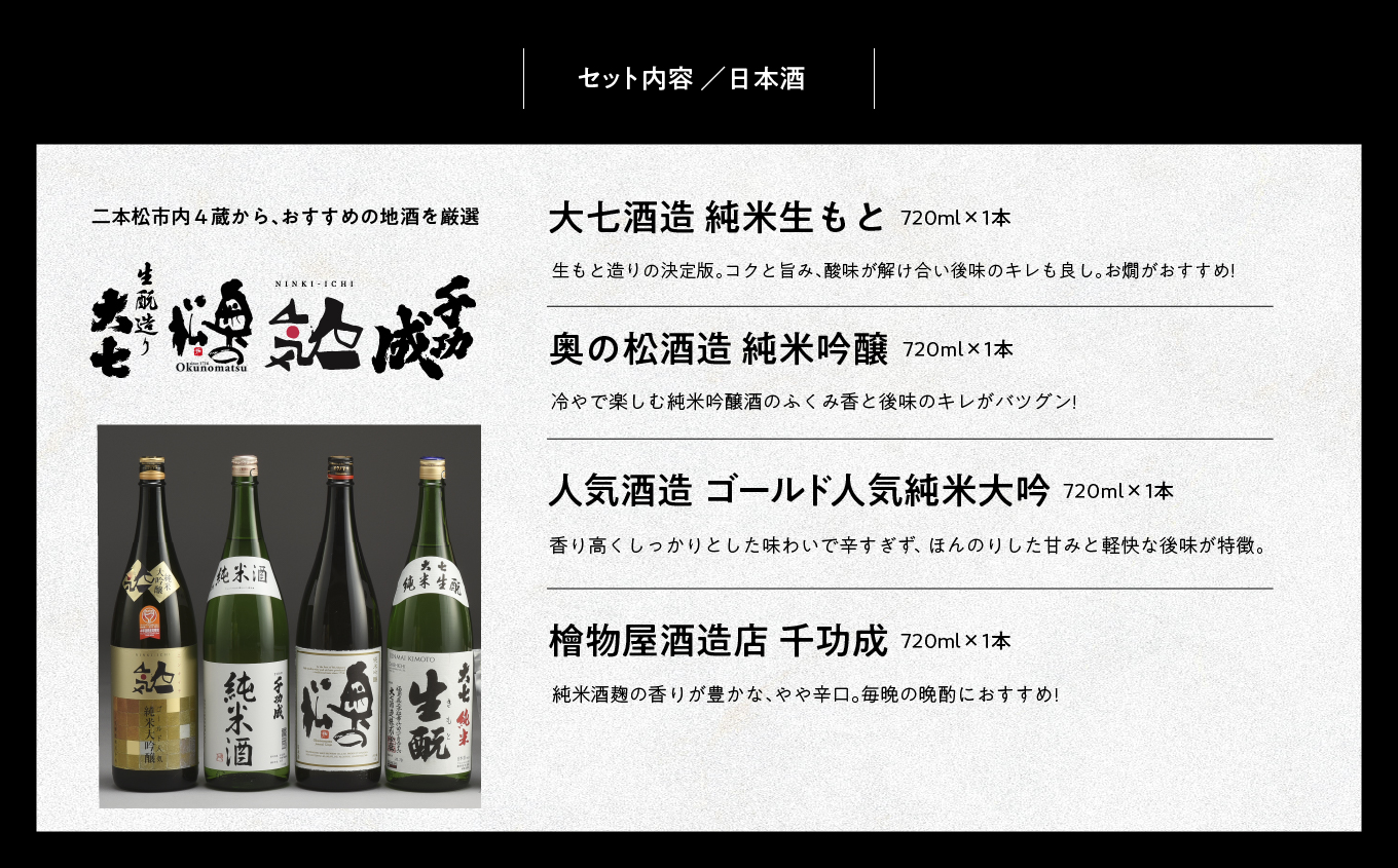 厳選詰め合わせセット 4蔵「日本酒1800ml×4種」「あだたら豆塩味1袋」「ごぼうこんにゃく1袋」「味付け玉こんにゃく1袋」【道の駅安達】