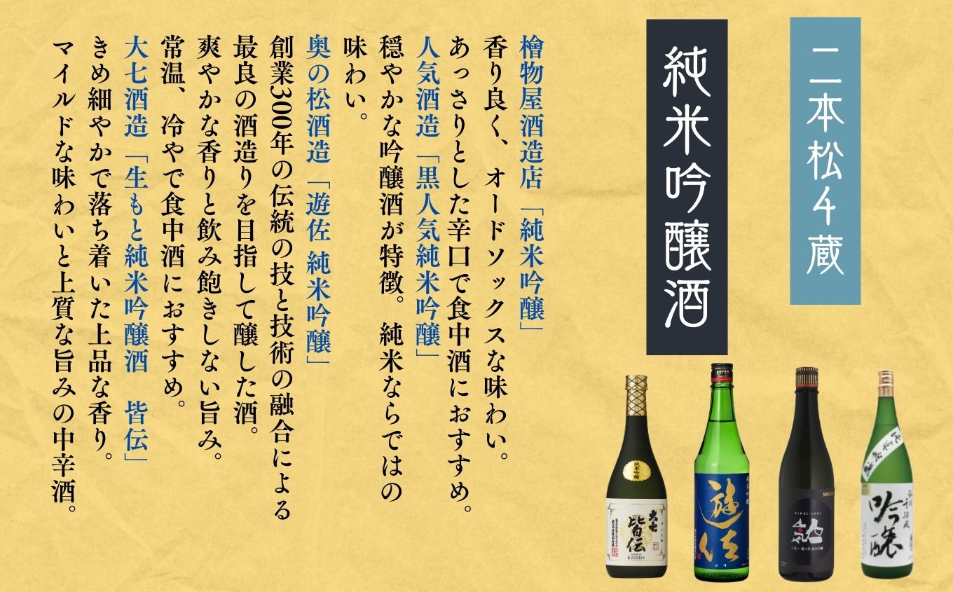 二本松の純米吟醸酒詰合せ 大七酒造「皆伝」奥の松酒造「遊佐」人気酒造「黒人気」檜物屋酒造店「純米吟醸」720ml×4種【道の駅安達】