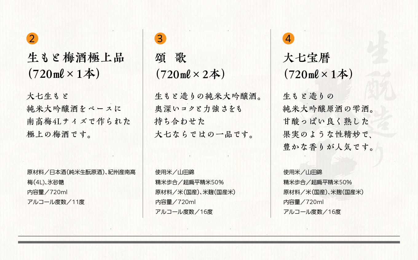 大七酒造 蔵元おすすめセット「 宝暦大七×1本」「頌歌×2本」「皆伝×1本」「 生もと梅酒極上品×1本」720ml×合計5本【道の駅安達】