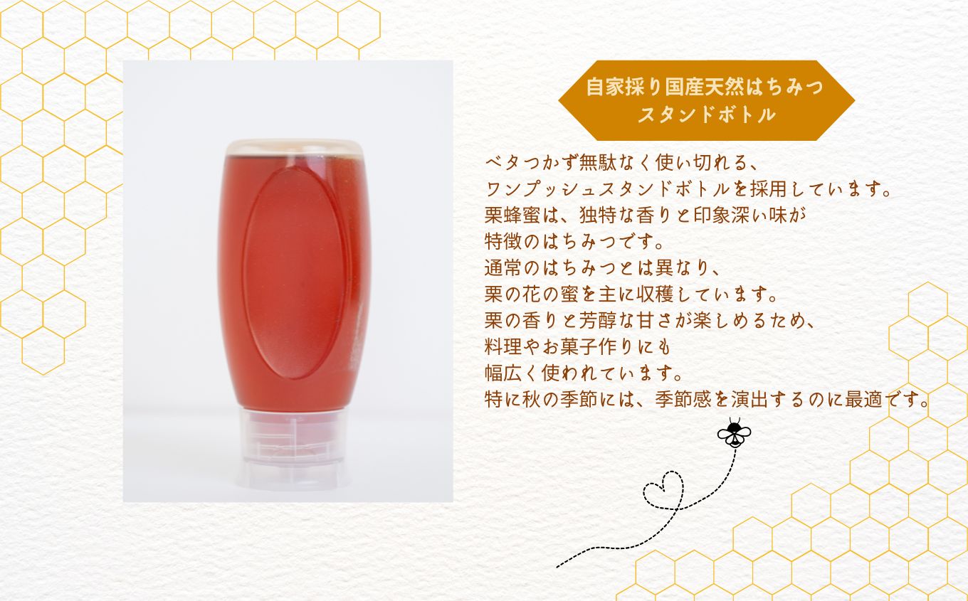 ＜数量限定！簡易包装でお届け＞自家採り国産天然栗はちみつ スタンドボトル 2本(500g×2本)【株式会社渡辺養蜂場】