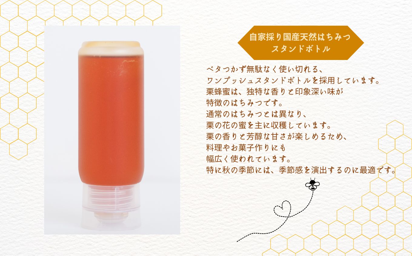 ＜数量限定！簡易包装でお届け＞自家採り国産天然栗はちみつ スタンドボトル 3本(200g×3本)【株式会社渡辺養蜂場】