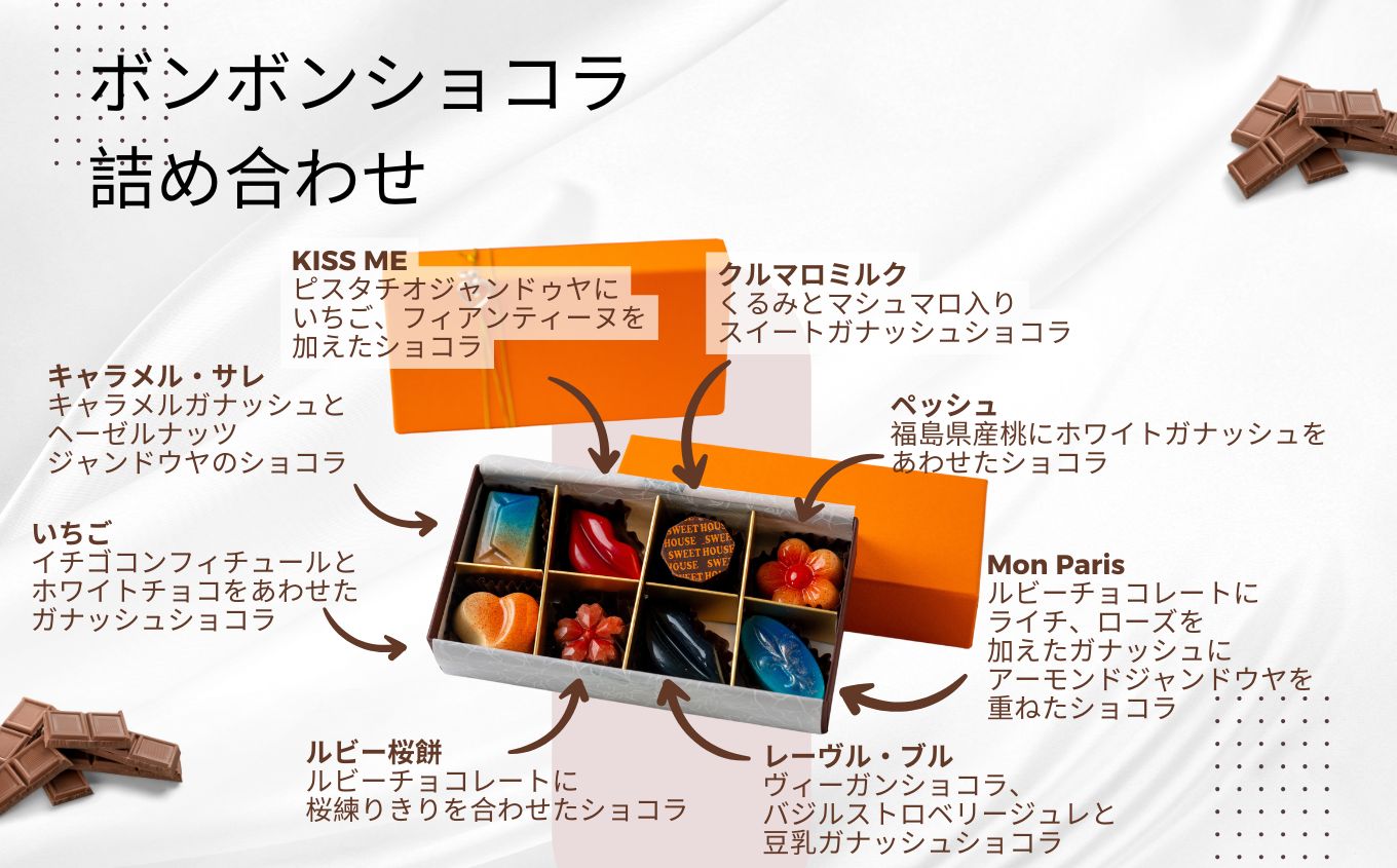 ボンボンショコラ詰め合わせ8種各1個（福島桃・いちご・キャラメルサレ・ルビー桜もち・レーヴルブル・モンパリ・KISSME・クルマロミルク）【SWEET HOUSE】