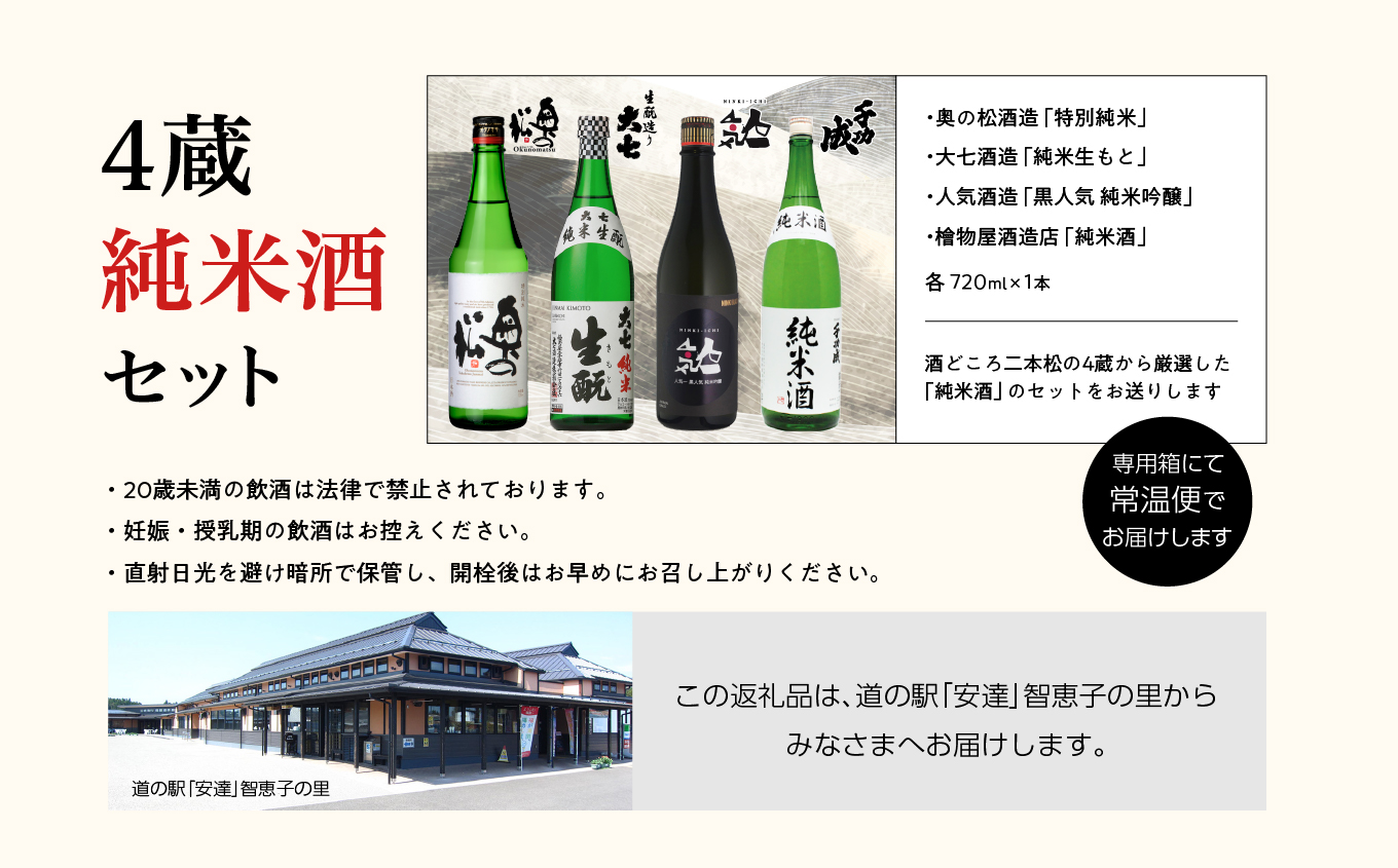 4蔵純米酒セット 奥の松酒造「特別純米」大七酒造「純米生もと」人気酒造「黒人気 純米吟醸」檜物屋酒造店「純米酒」720ml×4種【道の駅安達】
