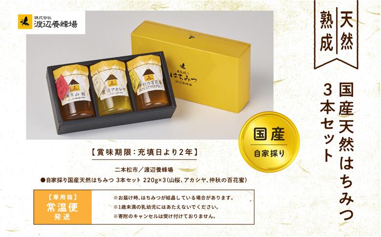 自家採り国産天然はちみつ 3本セット(220g×3)【株式会社渡辺養蜂場】