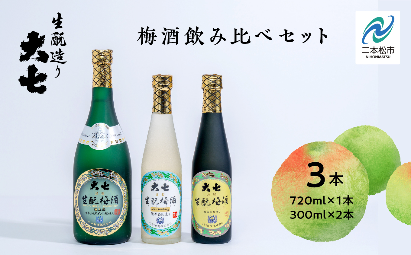 《2025年11月下旬以降順次発送》大七酒造 梅酒飲み比べセット「生もと梅酒 極上品720ml」「生もと梅酒300ml」「生もと梅酒シルキースパークリング300ml」合計3本【道の駅安達】