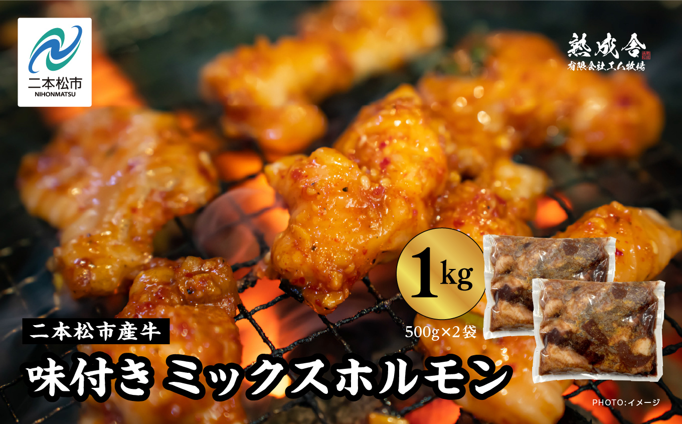 二本松熟成牛 味付きミックスホルモン 1kg（500g×2袋）【有限会社エム牧場】