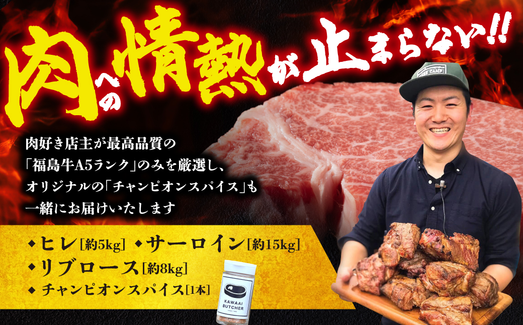 【 厳選 福島牛 A5 】塊肉3種 詰合せ 合計28kg スパイス付き ヒレ サーロイン リブロース ブロック肉 ステーキ BBQ ローストビーフ チャンピオンスパイス 高級肉 冷凍 保存 肉 牛肉 焼肉 贈答 ギフト プレゼント 人気 ランキング おすすめ グルメ イチオシ 福島県 福島 ふくしま 田村 田村市 たむら 川合精肉店 N009-003