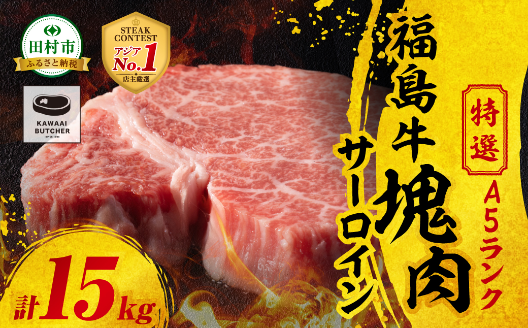 【 厳選 福島牛 A5 】塊肉 サーロイン 15kg スパイス付き ブロック肉 ステーキ BBQ ローストビーフ チャンピオンスパイス 高級肉 冷凍 保存 肉 牛肉 焼肉 贈答 ギフト プレゼント 人気 ランキング おすすめ グルメ イチオシ 福島県 福島 ふくしま 田村 田村市 たむら 川合精肉店 N009-004