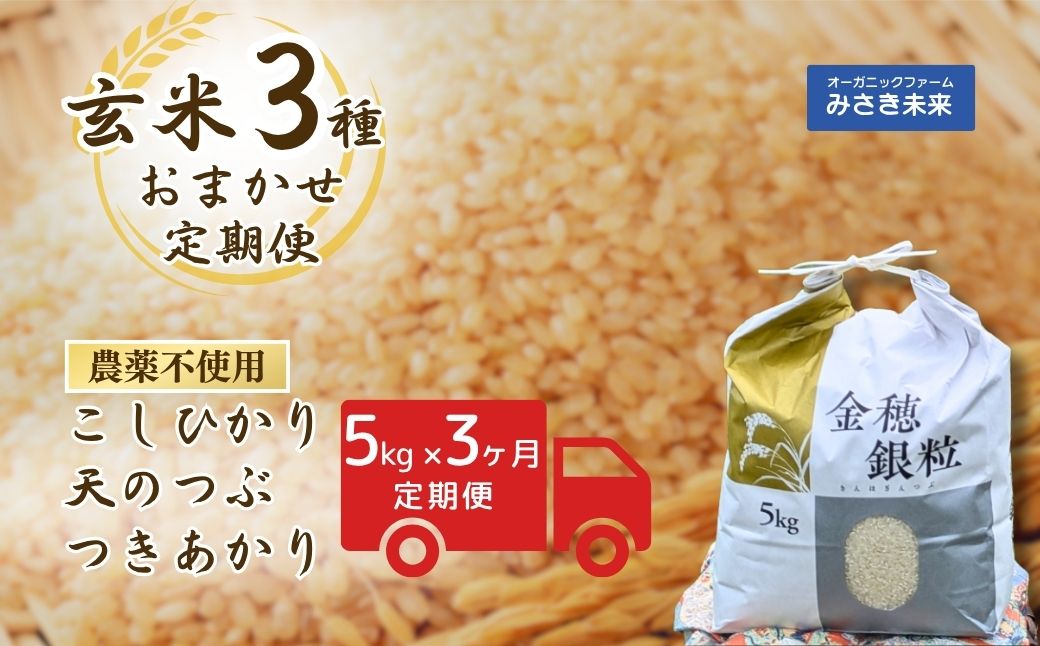 [3か月定期便]玄米おまかせ3品種 令和7年産 新米 15kg (5kg×3回) 栽培期間中の農薬化学肥料不使用コシヒカリ・天のつぶ・つきあかり | 無農薬 農薬不使用 化学肥料不使用 玄米 お米 米 こめ コメ 福島産 福島県産 南相馬 みさき未来[121237-015-01]