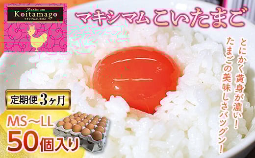 【TVで話題沸騰！】3ヶ月連続定期便！とにかく黄身が濃いたまご「マキシマムこいたまご」毎月50個 伊達市 福島県 国産 MS～LLサイズ 養鶏場直送 卵 たまご 玉子 生卵 鶏卵   F20C-563