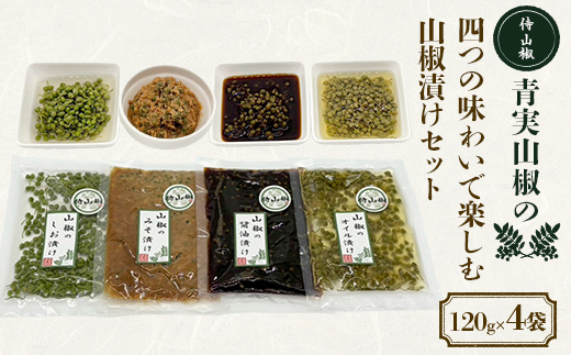 侍山椒 青実山椒の四つの味わいで楽しむ山椒漬けセット 各種120g 味噌漬け しょうゆ漬け 塩漬け オイル漬け セット 発酵食品 食品 F4D-2207