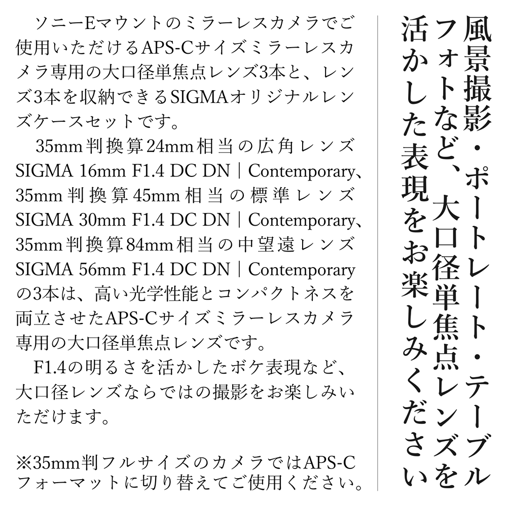 【ソニーEマウント用】SIGMA APS-Cサイズ用 単焦点レンズ3本セット