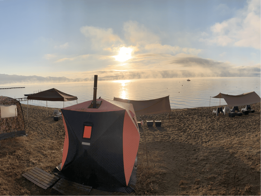 テントサウナペア利用券 全日共通 猪苗代湖 湖畔 | 絶景 フィンランド式 水風呂 猪苗代湖 大自然 充実 設備 アメニティー 大浴場 お手洗い 完備 屋外サウナ アロマオイル ヴィヒタ サウナハット レンタルあり