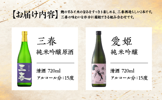 三春の甘露なお酒セット（三春 純米吟醸原酒・愛姫 純米吟醸 各720ml） 【地酒 さけ 日本酒 純米 吟醸 原酒 清酒 アルコール 瓶 お中元 父の日 ギフト プレゼント 贈り物 贈答 お祝い ご自宅用】【07521-0188】