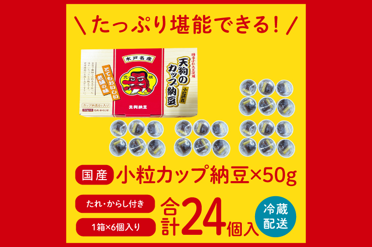 【天狗納豆】国産小粒カップ納豆（50ｇ×6個）×4箱【納豆 なっとう 小粒 老舗 朝食 ご飯 ご家庭用 ストック ソウルフード 水戸市 水戸 茨城県】（DQ-17）