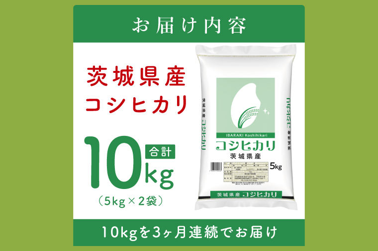 【数量限定】【3ヶ月定期便】茨城県産コシヒカリ10kg（5kg×2袋）×3回 【定期便 お米 ごはん こしひかり おにぎり ごはん 茨城県 水戸市】(JB-22)