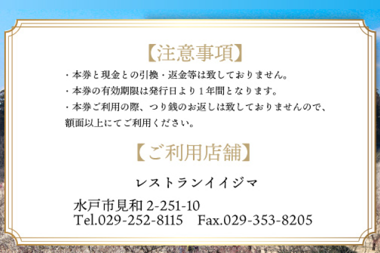 レストラン 食事券 水戸 茨城県 創業45年 レストランイイジマ 常陸牛 ディナー ランチ クーポン 寄付 1万円 3000円分 和牛 優待券 お食事券 体験 お歳暮 洋食 夫婦 返礼品 ギフト 故郷納税 お祝い（DU-121）