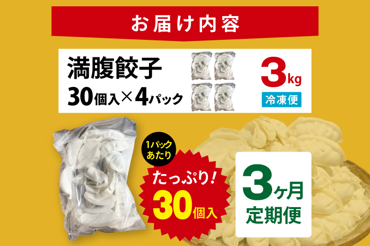【3ヶ月定期便】満腹餃子 リピーター続出！ボリューム満点！120個（３kg ）×3回【モトヤ 老舗 大容量 国産 焼き餃子 冷凍 ぎょうざ ギョーザ 冷凍餃子 簡単調理 惣菜 おかず 水戸市 水戸 茨城県】（EJ-14）