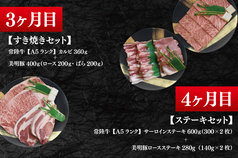【4か月定期便】A5ランク常陸牛＆美明豚　食べ比べ　定期便コースB｜すき焼き しゃぶしゃぶ 焼肉 BBQ ステーキ 国産牛 和牛 牛肉 豚肉茨城県 水戸市  国産 老舗精肉店（EK-82）