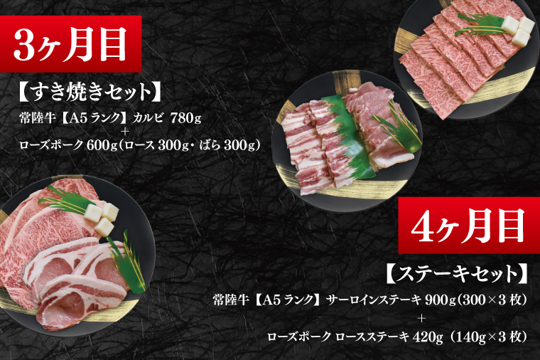 【4か月定期便】A5ランク常陸牛＆ローズポーク　食べ比べ　定期便コースC｜すき焼き しゃぶしゃぶ 焼肉 BBQ ステーキ 国産牛 和牛 牛肉 豚肉 茨城県 水戸市  国産 老舗精肉店（EK-86）