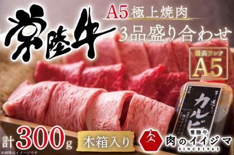 肉 常陸牛A5 極上焼肉3品盛り合わせ 計300g＜木箱入り・特製タレ付き＞ 敬老の日 黒毛和牛 内祝い お祝い プレゼント 誕生日 食べ物 ギフト対応 茨城県 水戸市【肉のイイジマ】（DU-32）