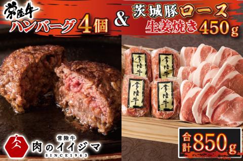 肉 常陸牛 無添加 ハンバーグ100g 4個 茨城 豚ロース 生姜焼き 450g セット 木箱入り 焼くだけでレストランの味 お歳暮 ギフト 牛肉100% 豚肉 茨城 水戸 15000円 【肉のイイジマ】（DU-74）