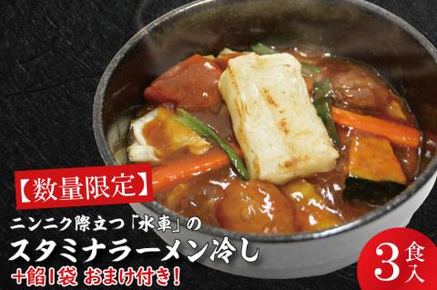 【日時指定必須】ニンニク際立つ「水車」のスタミナラーメン冷し（３食入り）【数量限定】+餡１袋 おまけ付き！【ラーメン 麺 スタミナ ラーメン 冷やし ご当地ラーメン ご当地グルメ 茨城県 水戸市】（FF-4）