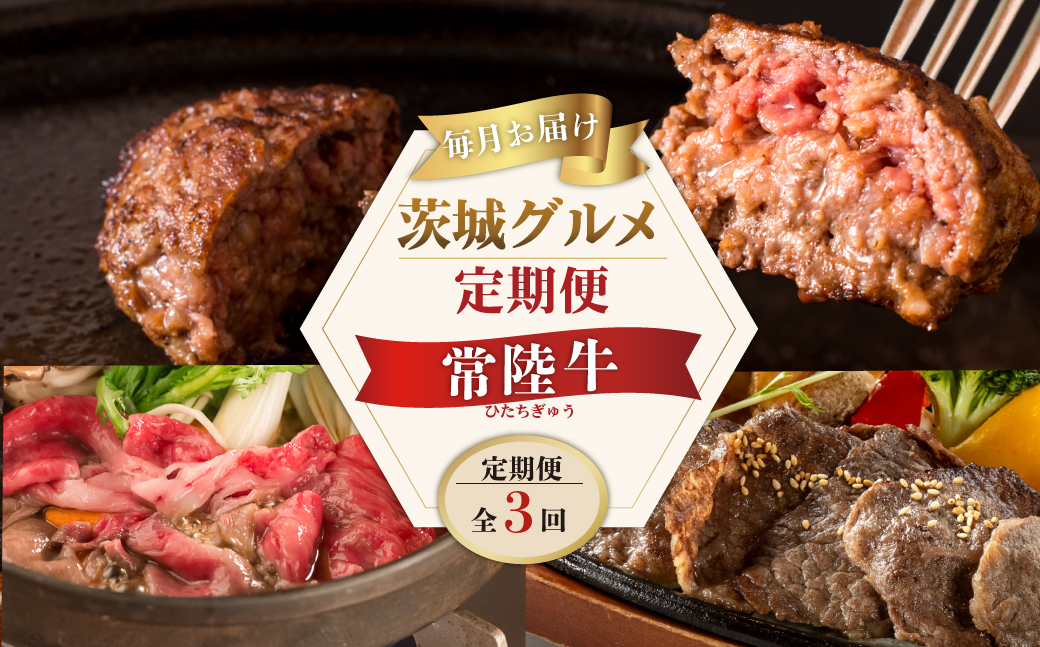 【定期便 全3回】 食べ物 肉 常陸牛 3ヶ月 定期便 Aコース 常陸牛100%無添加ハンバーグ4個 焼肉 すき焼き 冷凍 ギフト対応 内祝い 【肉のイイジマ】 水戸市 茨城県 (DU-103)