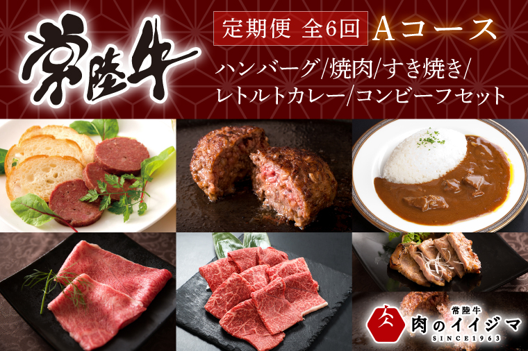 【定期便 全6回】 肉 常陸牛 6ヶ月 定期便 Aコース ハンバーグ 焼肉 すき焼き レトルトカレー コンビーフ ギフト セット お中元 食べ物ギフト対応 【肉のイイジマ】 茨城県 水戸市（DU-107）