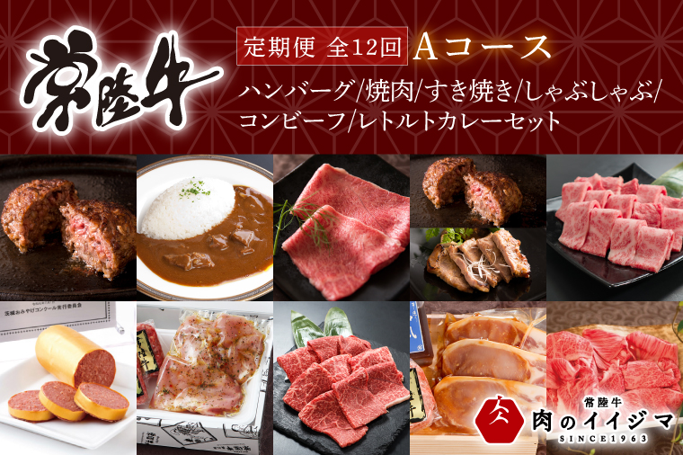 【定期便 全12回】 高級肉 常陸牛 12ヶ月 定期便 Aコース 148000円 毎月 常陸牛ハンバーグ 焼肉 すき焼き しゃぶしゃぶ コンビーフ レトルトカレー ギフト セット お中元 肉 ギフト対応 【肉のイイジマ】（DU-111）