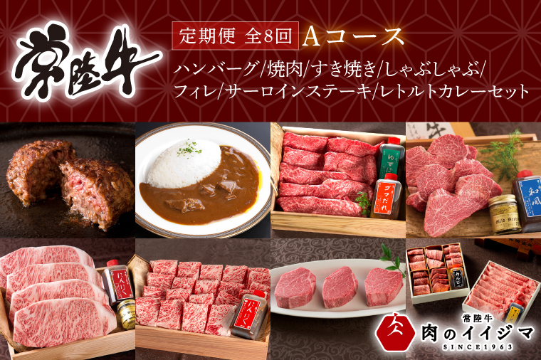 【定期便 全8回】 常陸牛 8ヶ月 定期便 Aコース 肉 ハンバーグ 焼肉 すき焼き しゃぶしゃぶ フィレ サーロイン ステーキ レトルト 常陸牛カレー ビーフカレー ギフト対応 【肉のイイジマ】（DU-114）