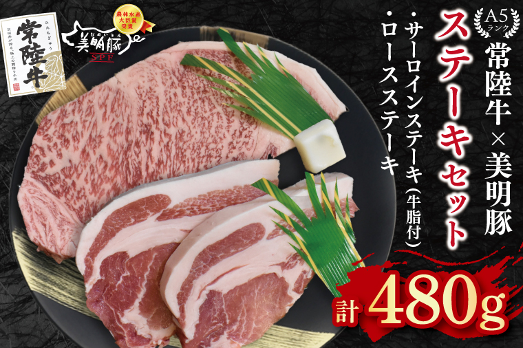 【常陸牛 A5ランク・美明豚ステーキセット】常陸牛サーロインステーキ200g＋美明豚ロースステーキ280g（140g×２枚） 冷凍 国産牛 和牛 牛肉 豚肉　ブランド豚 茨城県 水戸市 食べ比べ セット商品 国産 15000円 老舗精肉店 EK-18