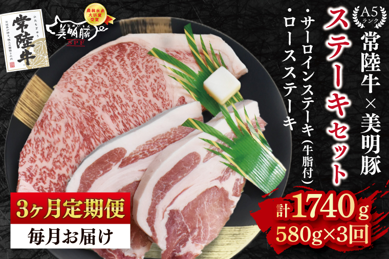 【3ヶ月定期便】【常陸牛 A5ランク・美明豚ステーキセット】常陸牛サーロインステーキ300g＋美明豚ロースステーキ280g（140g×２枚） 冷凍 国産牛 和牛 牛肉 豚肉　ブランド豚 茨城県 水戸市 食べ比べ セット商品 国産 老舗精肉店 (EK-19_1)