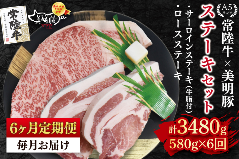 【6ヶ月定期便】【常陸牛 A5ランク・美明豚ステーキセット】常陸牛サーロインステーキ300g＋美明豚ロースステーキ280g（140g×２枚） 冷凍 国産牛 和牛 牛肉 豚肉　ブランド豚 茨城県 水戸市 食べ比べ セット商品 国産 老舗精肉店 (EK-19_2)