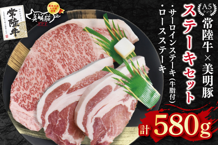 【常陸牛 A5ランク・美明豚ステーキセット】常陸牛サーロインステーキ300g＋美明豚ロースステーキ280g（140g×２枚） 冷凍 国産牛 和牛 牛肉 豚肉　ブランド豚 茨城県 水戸市 食べ比べ セット商品 国産 20000円以内 老舗精肉店 EK-19
