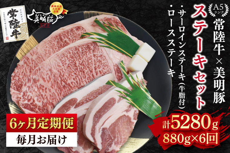 【6ヶ月定期便】【常陸牛 A5ランク・美明豚ステーキセット】常陸牛サーロインステーキ600g（300g×２枚）＋美明豚ロースステーキ280g（140g×２枚） 冷凍 国産牛 和牛 牛肉 豚肉　ブランド豚 茨城県 水戸市 食べ比べ セット商品 国産 老舗精肉店(EK-20_2)
