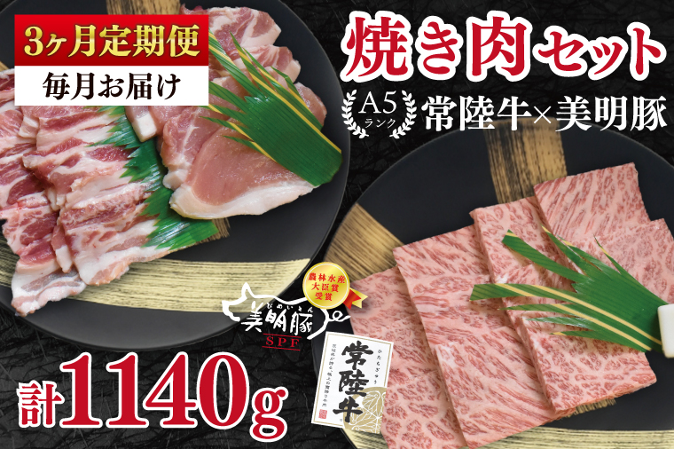 【3ヶ月定期便】【常陸牛 A5ランク・美明豚焼肉セット】常陸牛カルビ180ｇ＋美明豚200ｇ（ロース100ｇ・ばら100ｇ） 冷凍 国産牛 和牛 牛肉 豚肉 ブランド豚 茨城県 水戸市 食べ比べ セット商品 国産 BBQ  老舗精肉店（EK-22_1）