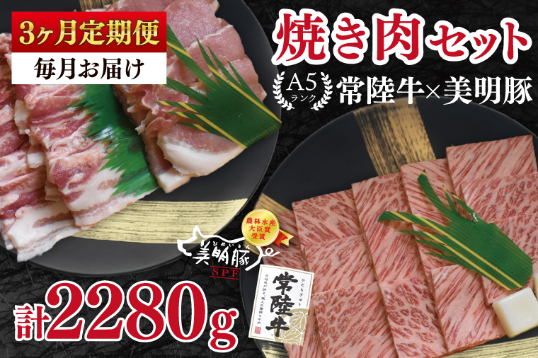【3ヶ月定期便】【常陸牛 A5ランク・美明豚焼肉セット】常陸牛カルビ360ｇ＋美明豚400ｇ（ロース200ｇ・ばら200ｇ） 冷凍 国産牛 和牛 牛肉 豚肉　ブランド豚 茨城県 水戸市 食べ比べ セット商品 国産 BBQ 老舗精肉店（EK-23_1）