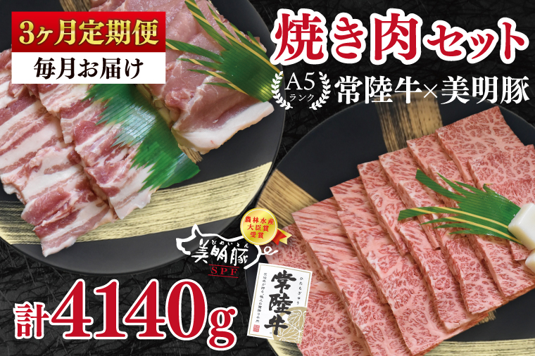 【3ヶ月定期便】【常陸牛 A5ランク・美明豚焼肉セット】常陸牛カルビ780ｇ＋美明豚600ｇ（ロース300ｇ・ばら300ｇ） 冷凍 国産牛 和牛 牛肉 豚肉　ブランド豚 茨城県 水戸市 食べ比べ セット商品 国産 BBQ 老舗精肉店（EK-24_1）