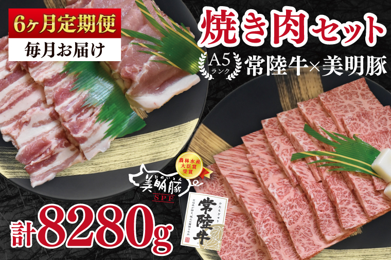 【6ヶ月定期便】【常陸牛 A5ランク・美明豚焼肉セット】常陸牛カルビ780ｇ＋美明豚600ｇ（ロース300ｇ・ばら300ｇ） 冷凍 国産牛 和牛 牛肉 豚肉　ブランド豚 茨城県 水戸市 食べ比べ セット商品 国産 BBQ 老舗精肉店（EK-24_2）