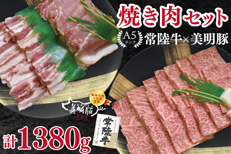 【常陸牛 A5ランク・美明豚焼肉セット】常陸牛カルビ780g＋美明豚600g（ロース300g・ばら300g） 冷凍 国産牛 和牛 牛肉 豚肉　ブランド豚 茨城県 水戸市 食べ比べ セット商品 国産 BBQ 35000円以内 老舗精肉店 EK-24