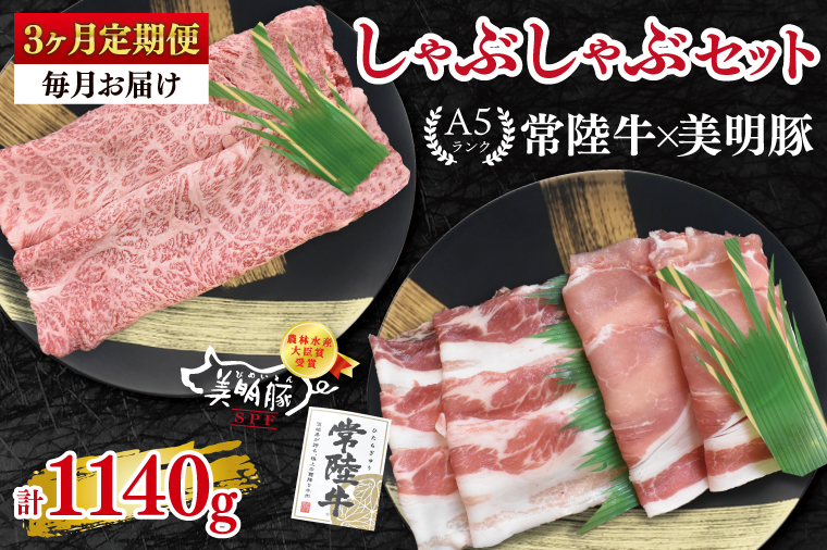【3ヶ月定期便】【常陸牛 A5ランク・美明豚しゃぶしゃぶセット】常陸牛肩ロース180ｇ＋美明豚200ｇ（ロース100ｇ・ばら100ｇ） 冷凍 国産牛 和牛 牛肉 豚肉 ブランド豚 茨城県 水戸市 食べ比べ セット商品 国産 老舗精肉店（EK-28_1）
