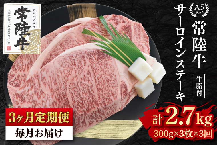 【3か月定期便】【常陸牛 A5ランク】サーロインステーキ　900ｇ（300ｇ×３枚） 冷凍 国産牛 和牛 牛肉 茨城県 水戸市  国産 老舗精肉店（EK-3_1）