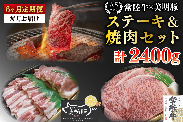 【ふるさと納税】【6ヶ月定期便】【常陸牛 A5ランク・美明豚ステーキ焼肉セット】常陸牛サーロイン200ｇ＋美明豚200ｇ（ロース100ｇ・ばら100ｇ）【冷凍 国産牛 和牛 牛肉 豚肉 ブランド豚 茨城県 水戸市 食べ比べ セット商品 国産 BBQ】（EK-34_2）