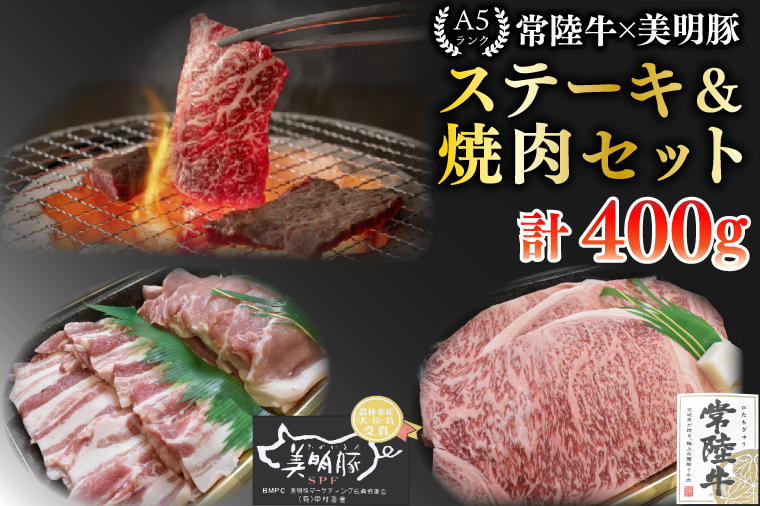 【常陸牛 A5ランク・美明豚ステーキ焼肉セット】常陸牛サーロイン200g＋美明豚200g（ロース100g・ばら100g） 冷凍 国産牛 和牛 牛肉 豚肉　ブランド豚 茨城県 水戸市 食べ比べ セット商品 国産 BBQ 15000円以内 老舗精肉店 EK-34