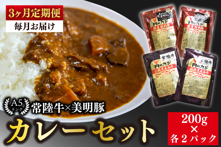 【3ヶ月定期便】【常陸牛 A5ランク】カレー２パック＋【美明豚】カレー２パック【国産牛 和牛 牛肉 豚肉 ブランド豚 茨城県 水戸市 レトルト 食品 食べ比べ セット商品 国産】（EK-37_1）