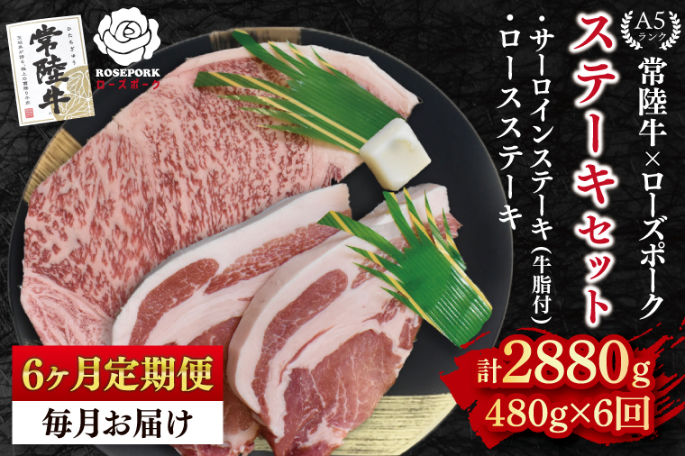 【6ヶ月定期便】【常陸牛 A5ランク・ローズポークステーキセット】常陸牛サーロインステーキ200g＋ローズポークロースステーキ280g（140g×２枚） 冷凍 国産牛 和牛 牛肉 豚肉　ブランド豚 茨城県 水戸市 食べ比べ セット商品 国産 老舗精肉店 ( EK-43_2)