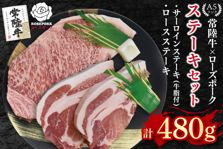 【常陸牛 A5ランク・ローズポークステーキセット】常陸牛サーロインステーキ200g＋ローズポークロースステーキ280g（140g×２枚） 冷凍 国産牛 和牛 牛肉 豚肉　ブランド豚 茨城県 水戸市 食べ比べ セット商品 国産 15000円 老舗精肉店 EK-43