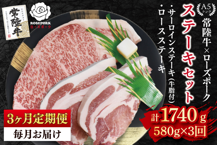 【3ヶ月定期便】【常陸牛 A5ランク・ローズポークステーキセット】常陸牛サーロインステーキ300g＋ローズポークロースステーキ280g（140g×２枚） 冷凍 国産牛 和牛 牛肉 豚肉　ブランド豚 茨城県 水戸市 食べ比べ セット商品 国産 老舗精肉店 (EK-44_1)